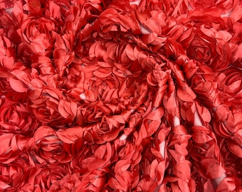 Coral Rosette Fabric: 3D Floral Satin Bouquet on Mesh, Wedding Decor