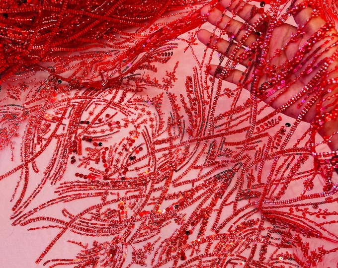 Red Beaded Lace Fabric | Beads & Sequin Embroidery By The Yard