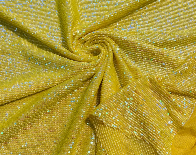 Yellow Iridescent Mille Striped Stretch Sequins | by the yard | Lace 4 Way Mesh-Prom-Gown | Wedding Couture Fabric | Sequin Fabric