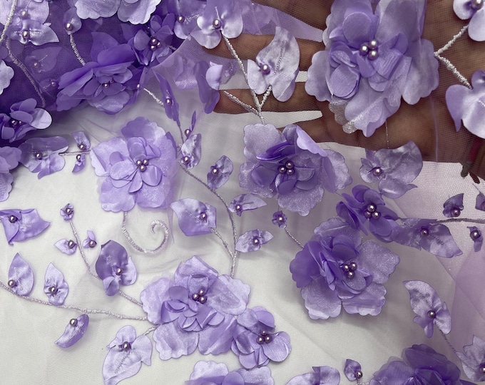 Lavender Orquidia 3D Floral Design Embroider With Pearls On a Mesh Lace Fabric, Orquidia Big 3D Flower Lace Fabric | Prom-Dress By The Yard