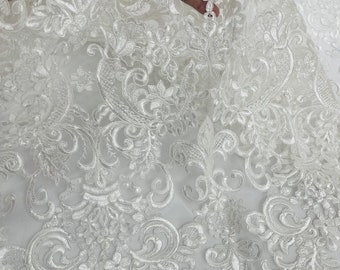 Off White Damask Design Embroidered on Mesh Lace Fabric, Off White Floral Bridal Lace Wedding Dress by the Yard (Pick a Size)