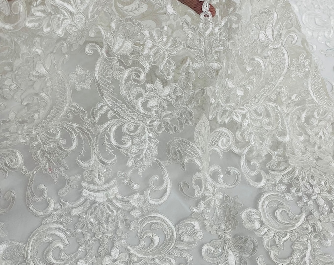 Off White Damask Design Embroidered on Mesh Lace Fabric, Off White Floral Bridal Lace Wedding Dress by the Yard (Pick a Size)