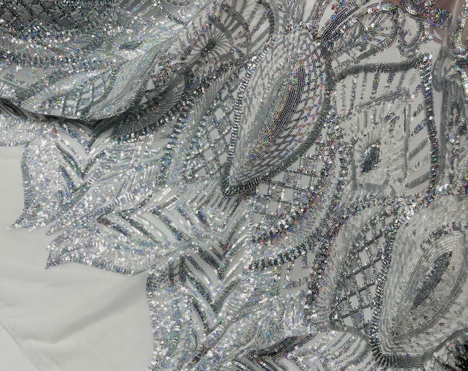 Silver HolographicSequins Lace Fabric On White Mesh, Royalty Design Embroidered On 4way Stretch Sequin By The Yard Silver Sequin Prom-Gown