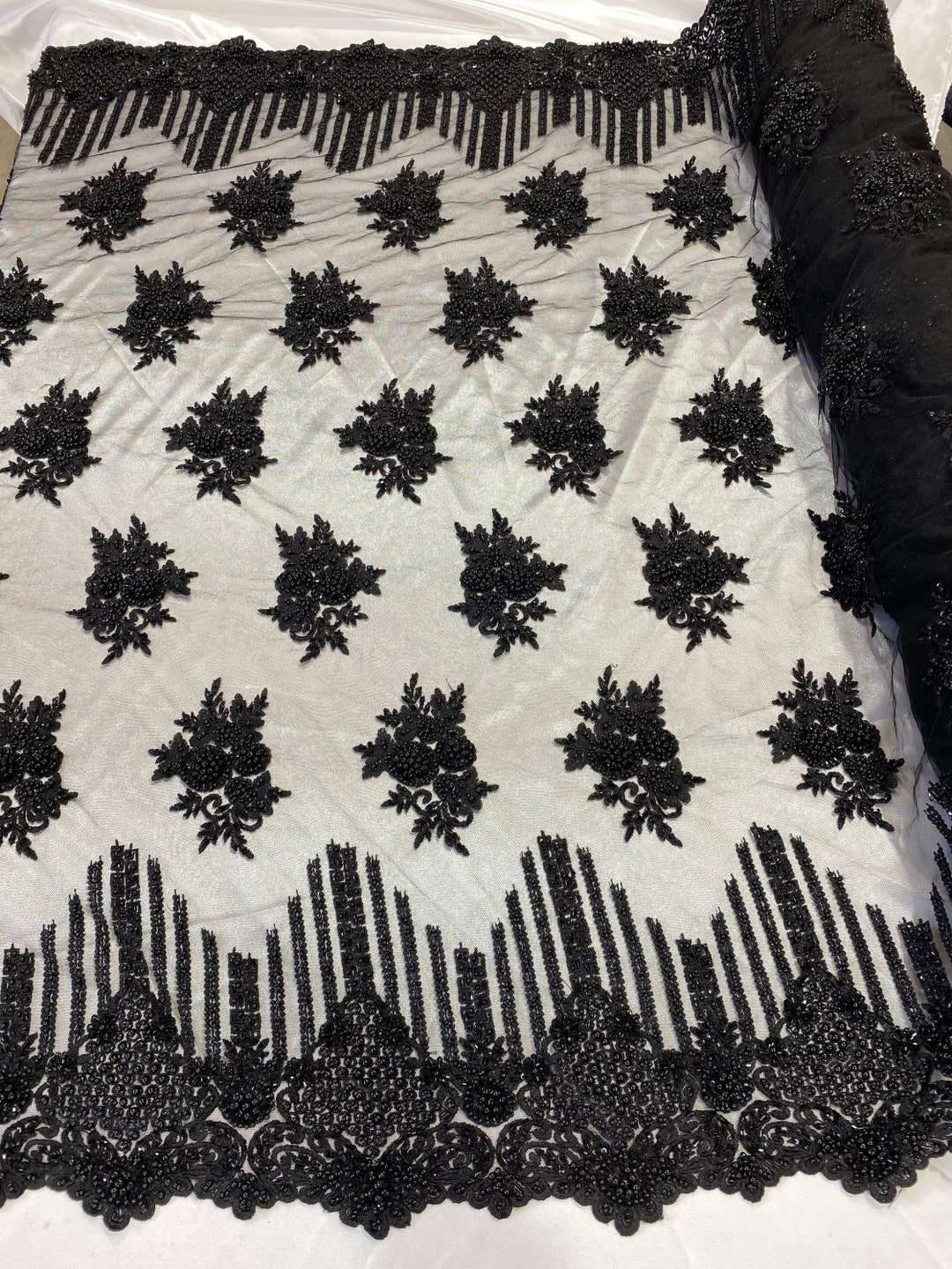 Black Beaded Fabric, Hand Embroidered Lace Bridal Floral on a Mesh