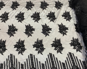 Black Beaded Floral Lace Fabric, Embroidered Mesh Dress Fabric By The Yard