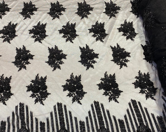 Black Beaded Fabric, Hand Embroidered Lace Bridal Floral On a Mesh Dress Fabric with Beads By The Yard