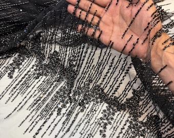 Black Beaded Fabric | Fashion Pattern With Beads and Sequin, Bridal Pearls Prom Dress