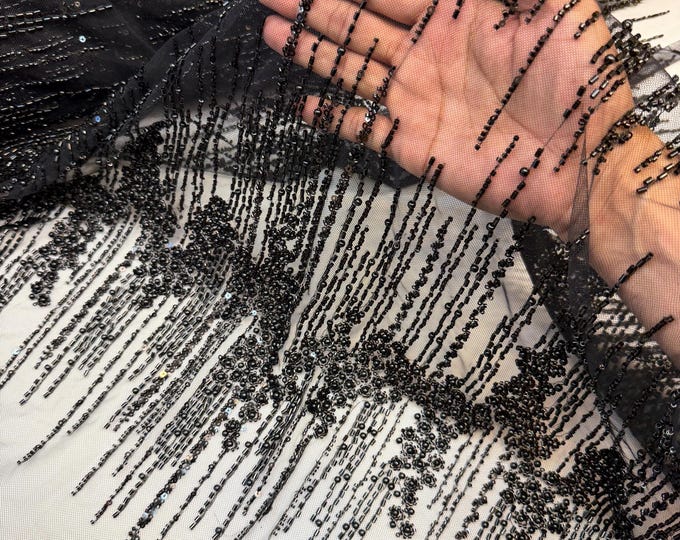 Black Beaded Fabric | Fashion Pattern With Beads and Sequin, Bridal Pearls Prom Dress