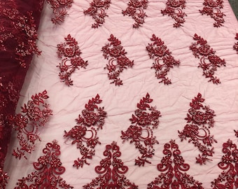 Burgundy Floral Beaded Fabric: Embroidered Wedding Bridal Lace