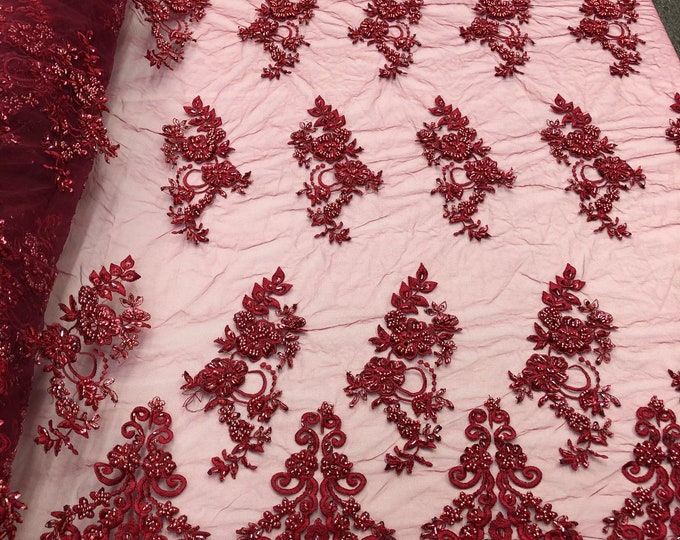 Burgundy Floral Cluster Beaded Fabric - Embroidered Flower Beaded Fabric Wedding Bridal Sold By The Yard