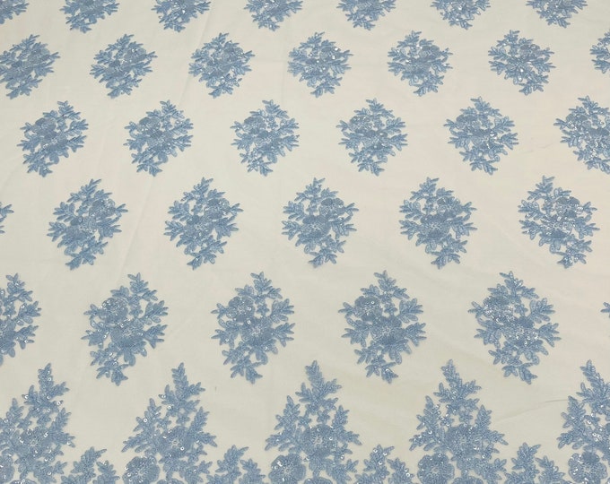 Baby Blue Lace Fabric - by yard - Corded Flower Embroidery With Sequins on a Mesh Lace Fabric For Wedding-Bridal-Dress
