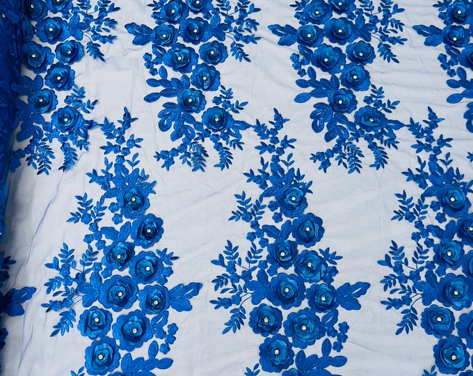 Royal Blue 3D Floral Lace Fabric by the yard, Flower Design Embroider With Rhinestones On a Mesh Lace-Prom-Dresses-Nightgown-Apparel-Fashion