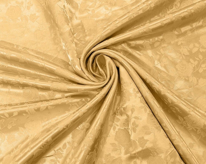 N Gold Flower Brocade Jacquard Satin Fabric, Sold By The Yard Polyester Satin Floral Wide 58/60"  (Choose The Quantity)