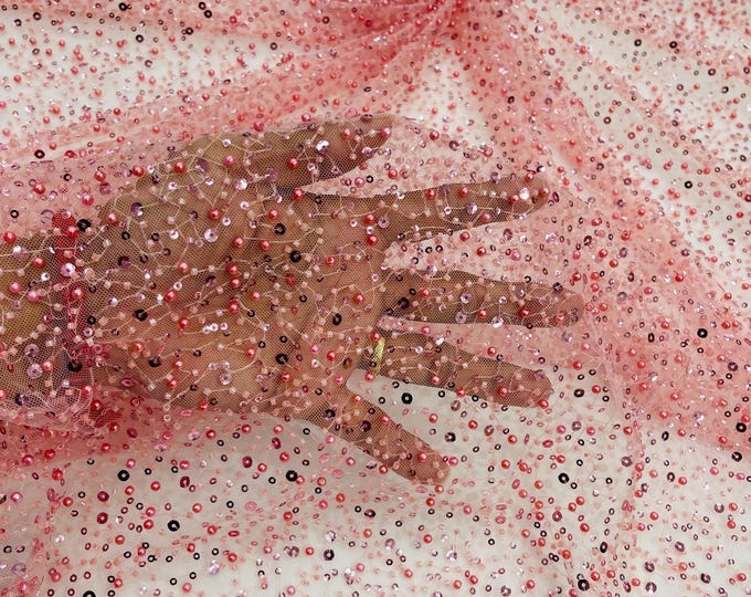 Dusty Pink Beaded Sequin Mesh Lace Fabric, Rain Design Embroidery By The Yard