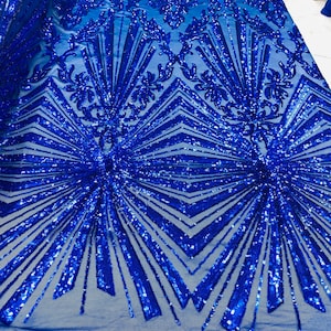 Royal Blue Sequins Lace Fabric on a Mesh Geometric Design - Etsy
