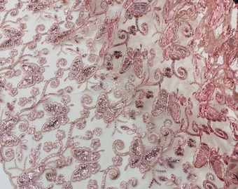 Rose Butterfly Embroidered Lace Fabric with Metallic Thread & Sequins by yard