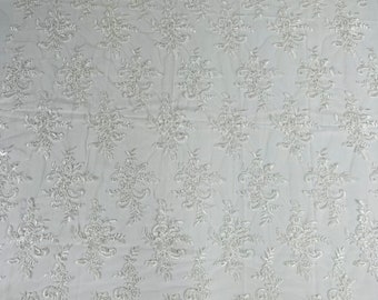 White Floral Lace Fabric: Embroidered Sequins Mesh, Bridal Wedding by the yard
