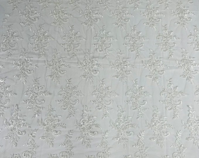 White Floral Lace Fabric, by the yard Embroidery With Sequins on a Mesh Lace Fabric For Wedding-Bridal
