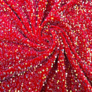 Tecido de veludo elástico vermelho: lantejoulas iridescentes, 142/152 cm de largura, por metro