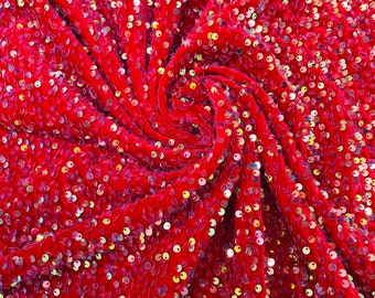Sequins Velvet Fabric by the yard, Clear Iridescent on Red Stretch Velvet With Partial Luxury Sequins  5mm Shining Sequin Velvet 58/60”