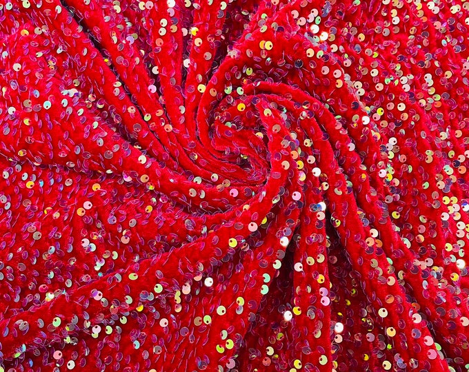Sequins Velvet Fabric by the yard, Clear Iridescent on Red Stretch Velvet With Partial Luxury Sequins  5mm Shining Sequin Velvet 58/60”