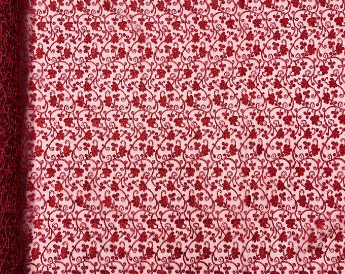 Metallic Burgundy Corded Lace Fabric by the yard - Flower Design Embroidered on Mesh Lace Fabric Floral, (Pick a Size)