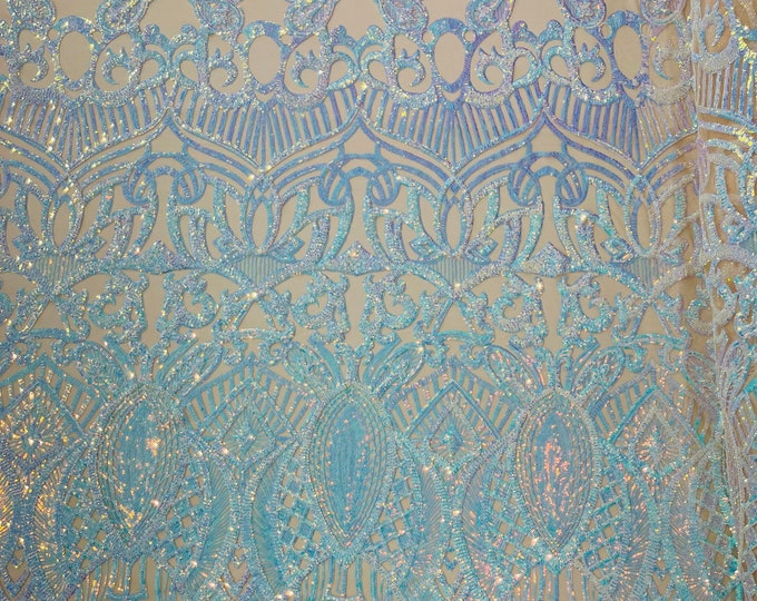 Aqua Iridescent Sequin Fabric | Nude Mesh Royalty Design on a 4 Way Stretch Sequins Fabric Mesh-Prom-Gown By Yard