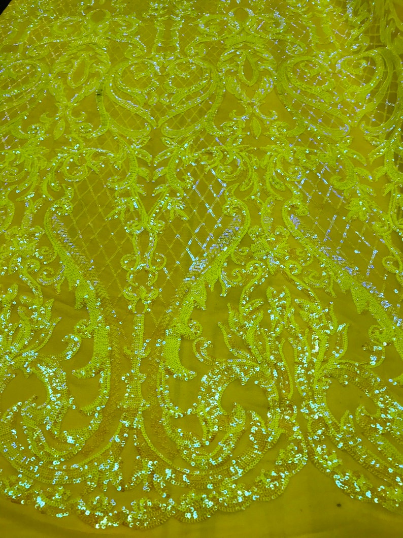 Iridescent Yellow Sequin Fabrics Damask Design 4way Stretch Etsy