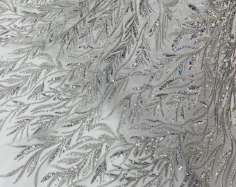 2 Yards and 30 inches, Silver Beaded Leaf Embroidered Fabric - Bridal Wedding Lace