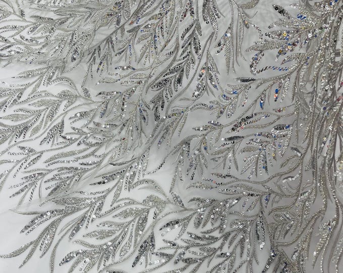 2 Yards and 30 inches, Silver Beaded Leaf Embroidered Fabric - Bridal Wedding Lace