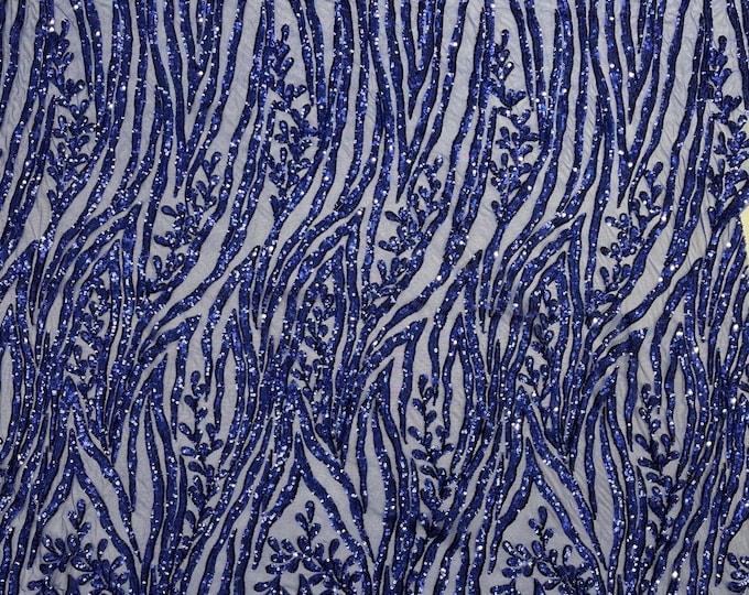 Dk Royal Blue Sequin Fabric 4 Way Stretch Fashion Design Sequins on Spandex Mesh Prom Gala Gown Fabric By The Yard