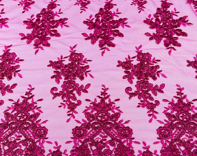 Fuchsia Floral Lace Fabric, Embroidery With Sequins on a Mesh Lace Fabric For Gown, Wedding-Bridal By The Yard
