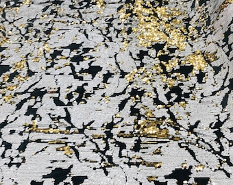 White/Gold Sequin Black Stretch Velvet Fabric: 60" Wide