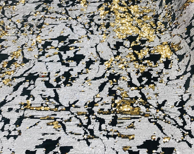 White/Gold Sequin on Black Stretch Velvet, Reversible Sequins all Over 5mm Flip Sequins 2-way Stretch 60” (Choose The Quantity)