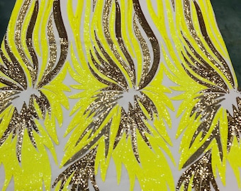 Angel Wings Sequin Fabric: Yellow Gold Embroidered Mesh, Sold By The Yard