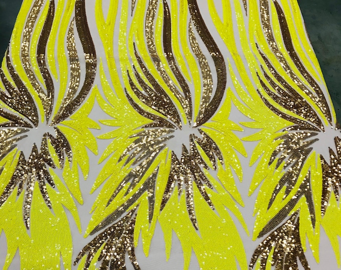Yellow/ Gold Sequins on Nude Mesh Angel Wings 4 Way Stretch Sequin Design Embroidered on a Mesh Prom Gala Gown Sold By The Yard