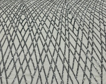Silver Diamond Sequin Fabric: White Power Mesh, 4-Way Stretch - By The Yard