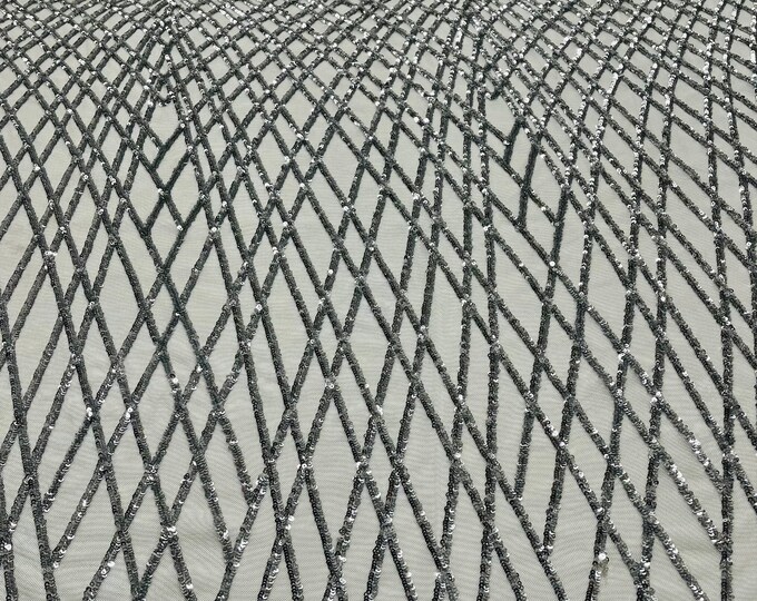 Silver Diamond Sequin Fabric - by the yard - On White Power Mesh 4 Way Stretch Sequins Fabric