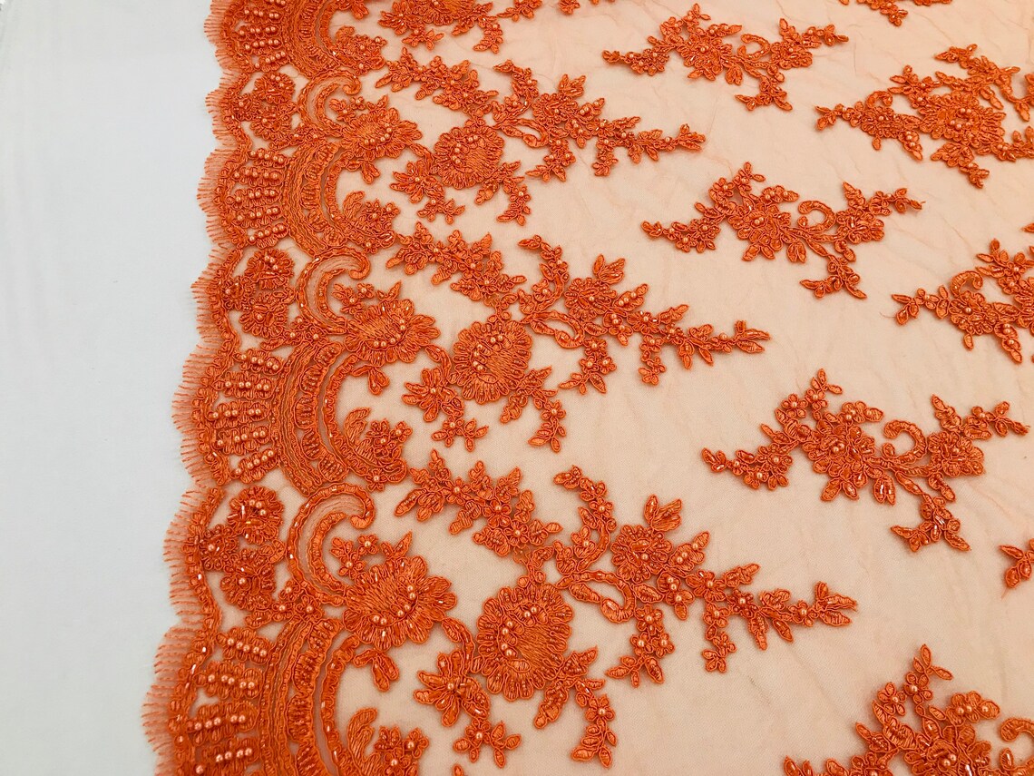 Orange Beaded Fabric Cluster Bead Fabric Embroidered Flower Etsy