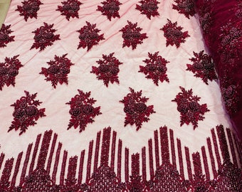 Burgundy Beaded Floral Lace Fabric, Hand Embroidered Mesh Dress Fabric
