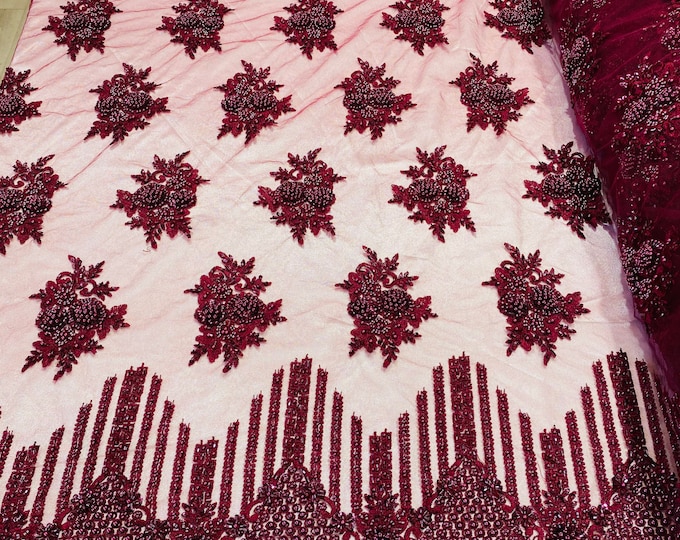 Burgundy Beaded Fabric, Hand Embroidered Lace Bridal Floral On a Mesh Dress Fabric with Beads By The Yard