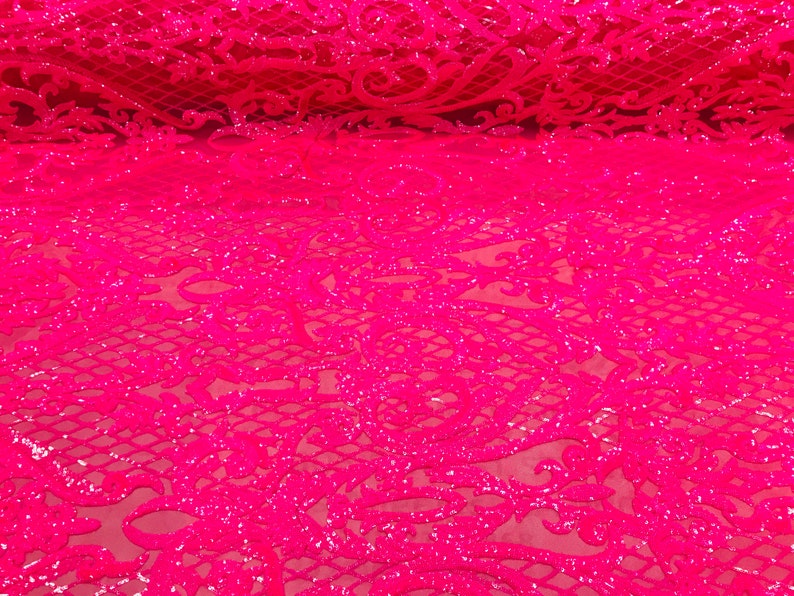 Iridescent Hot Pink Sequin Fabrics Damask Design 4Way Stretch Etsy