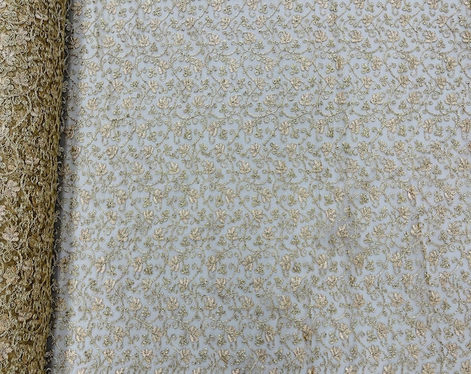 Metallic Gold Corded Lace Fabric by the yard - Flower Design Embroidered on Mesh Lace Fabric Floral, (Pick a Size)