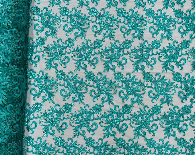 Jade Floral Lace Fabric, by the yard - Embroidery With Sequins on a Mesh Lace Fabric For Gown, Wedding-Bridal