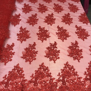Flower Lace Fabric -Red Floral Clusters Embroidered Lace Mesh Fabric Sold By The Yard