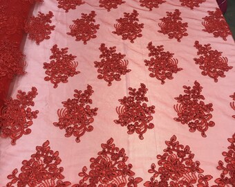 Flower Lace Fabric -Red Floral Clusters Embroidered Lace Mesh Fabric Sold By The Yard