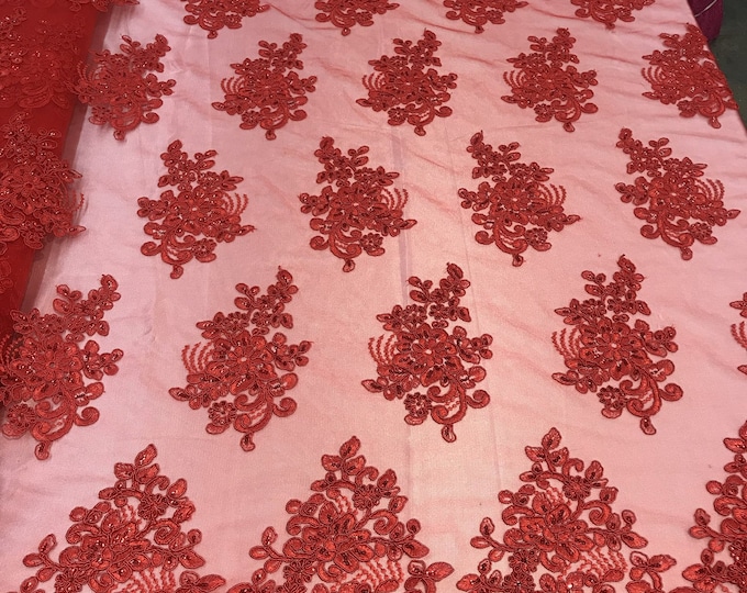 Flower Lace Fabric -Red Floral Clusters Embroidered Lace Mesh Fabric Sold By The Yard