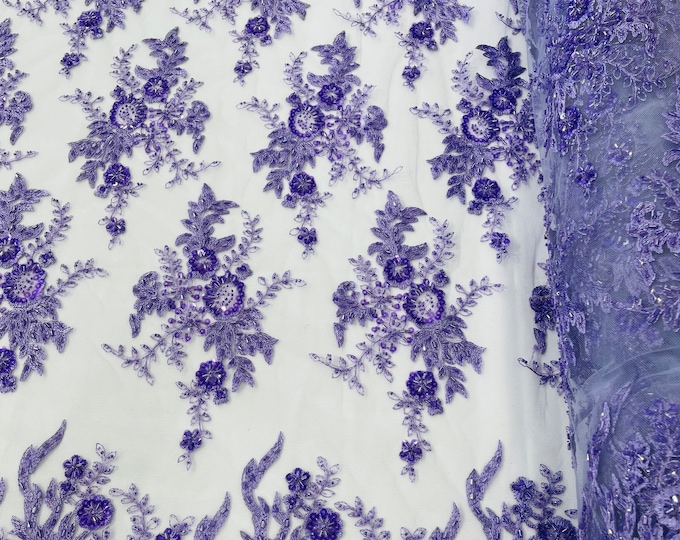 Lavender Flower Cluster Beaded Fabric | by the yard | Embroidered Beaded Layered Border Fabric, Lace Beaded