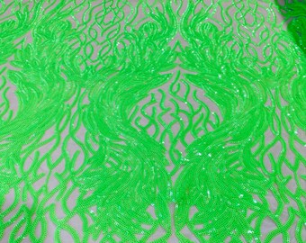 Neon Green Sequin Lace Fabric, Damask Embroidered Mesh, 4-Way Stretch