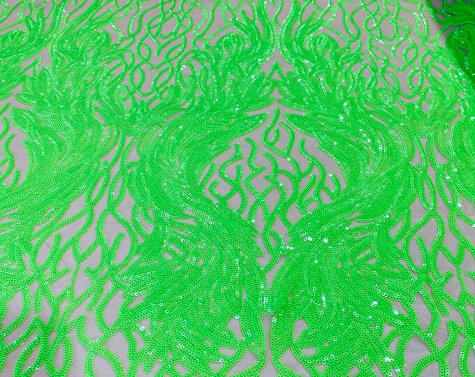 Neón Green Sequins Lace Fabric On Nude Mesh, DAMASK Design Embroidered on  Mesh 4 way Stretch Sequin By Yard -Prom-Gown ( Choose The Size )